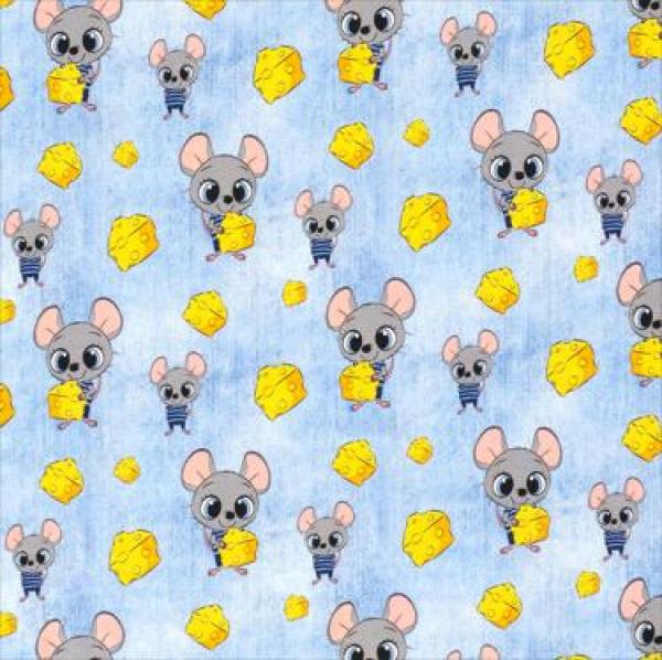 Baumwoll Jersey Mäuse mit Käse auf Hellblau Jeansoptik 